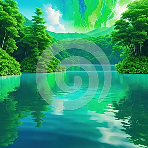 Ai Generated illustration Wildlife Concept of A digital artwork featuring a serene lake surrounded by lush photo